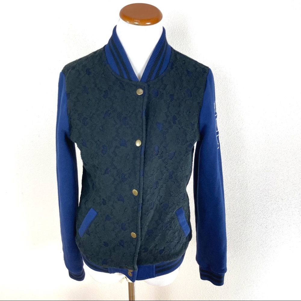 PINK Victoria's Secret Varsity Jacket Black Lace Navy Blue Women’s Sz XS